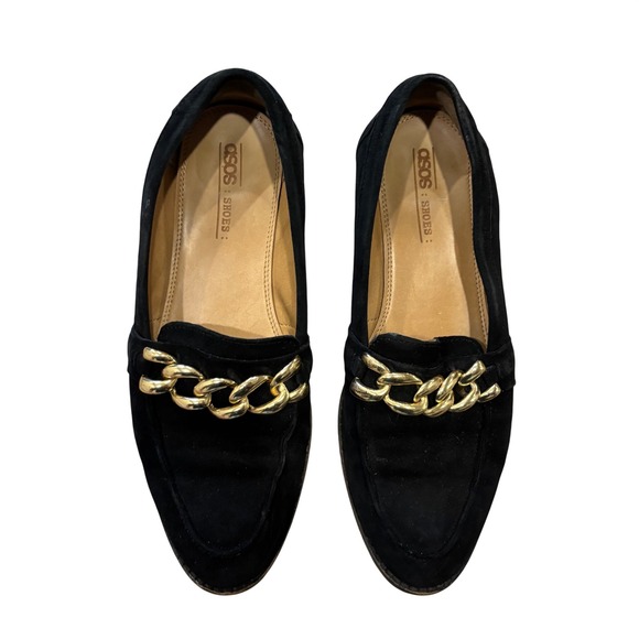 ASOS Shoes - ASOS Womens Black Faux Suede Loafers Gold Chunky Chain Detail Size 5 Flat Shoes